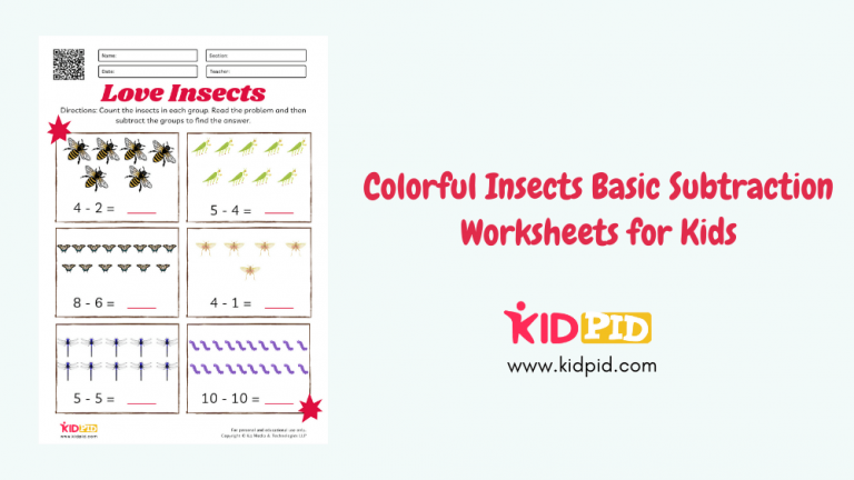 Colorful Insects Basic Subtraction Worksheets for Kids - Kidpid