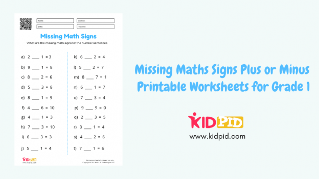 Missing Maths Signs Plus or Minus Printable Worksheets for Grade 1 - Kidpid