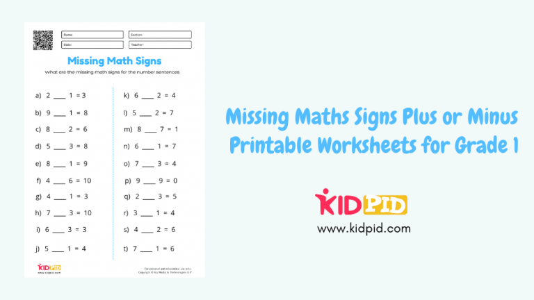 Missing Maths Signs Plus or Minus Printable Worksheets for Grade 1 - Kidpid