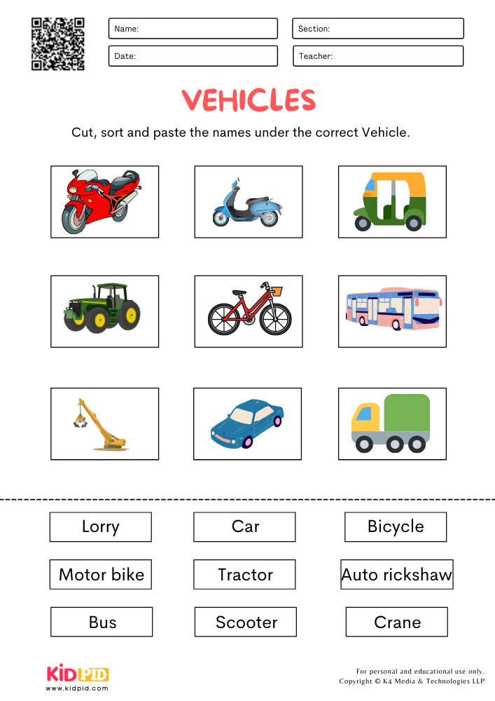 Vehicles cut and paste worksheets for preschoolers
