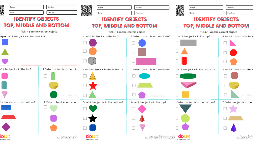 Top middle and bottom Spatial Sense Printable Worksheets for Grade 1