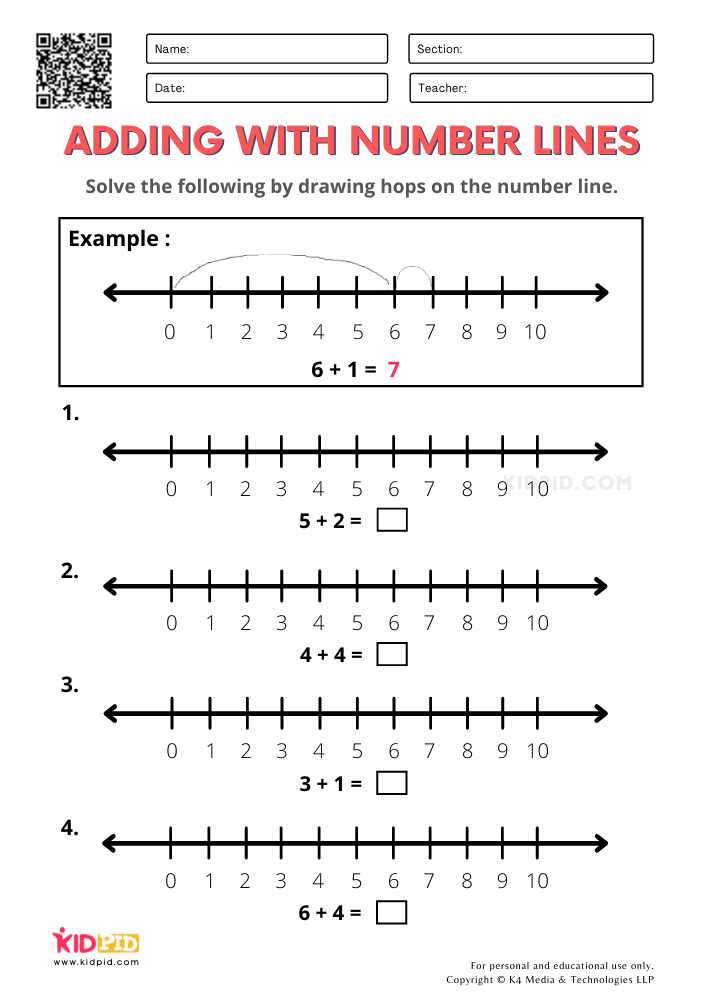 Number Line Addition Printable Worksheets for Grade 1