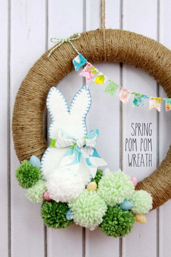 Bunny Wreath With Pom-Poms DIY Easter Wreath