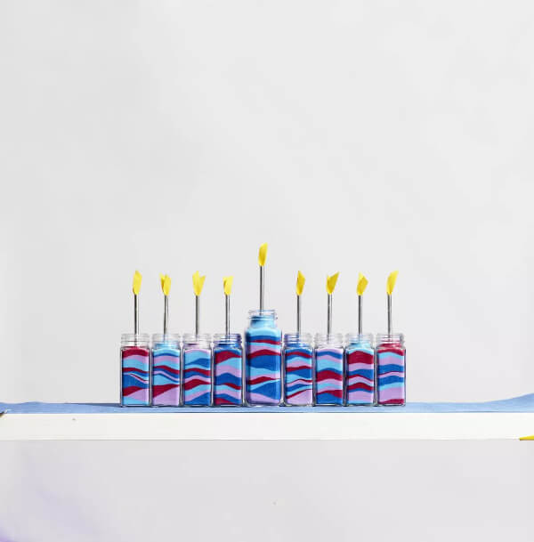 Colorful Menorah with small paint bottles Hanukkah Crafts For Kids