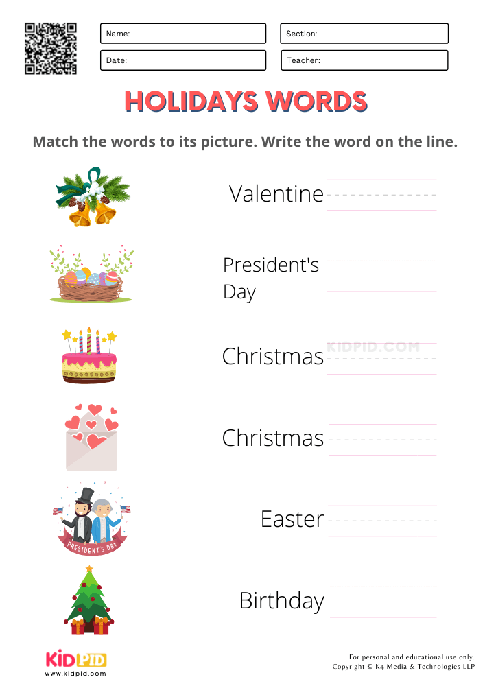 Holiday Words Practice Worksheets for Kindergarten