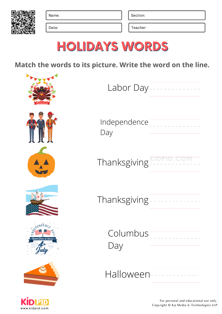 Holiday Words Practice Worksheets for Kindergarten
