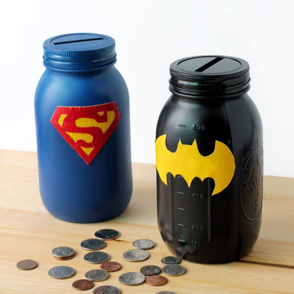 Mason Jar Superheroes Piggy Bank Craft