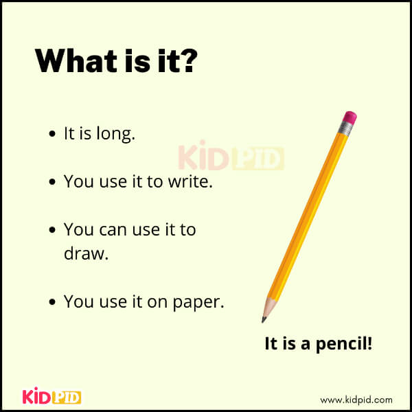 Riddle for kids with picture of a pencil and clues