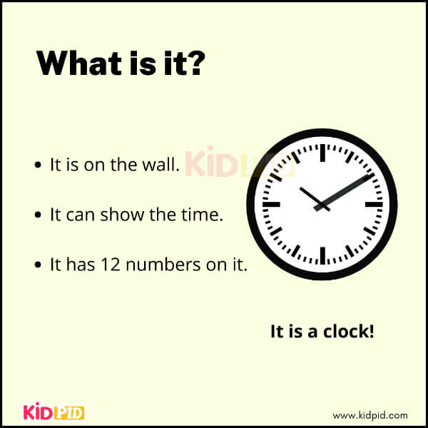 Riddle image for kids showing a clock with clues