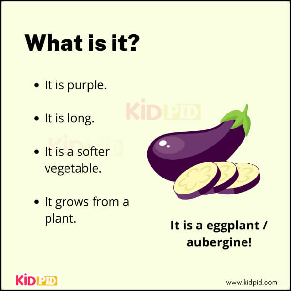 Vegetable riddle image for kids showing an eggplant