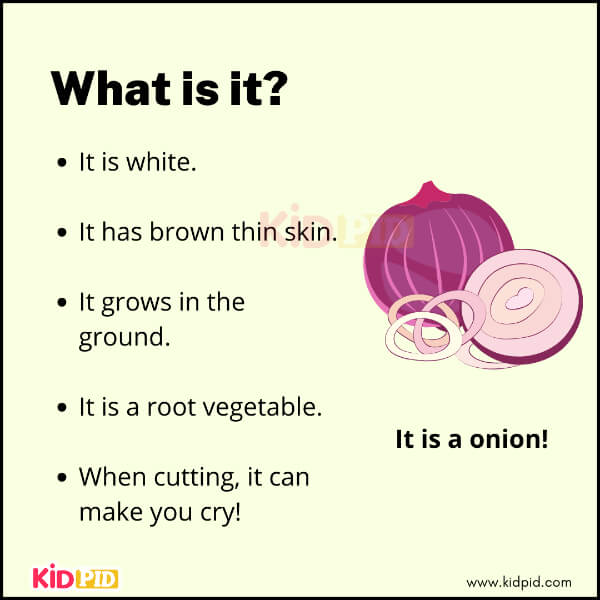 Riddle image for kids showing onion with clues