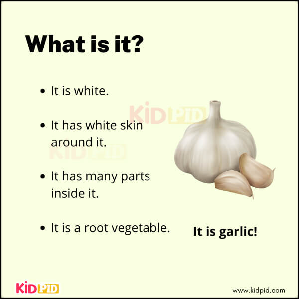 Riddle image for children showing garlic with clues