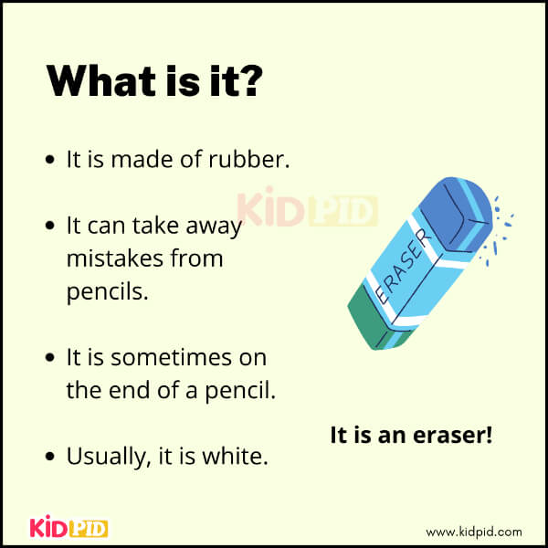 Riddle image showing eraser with clues for children