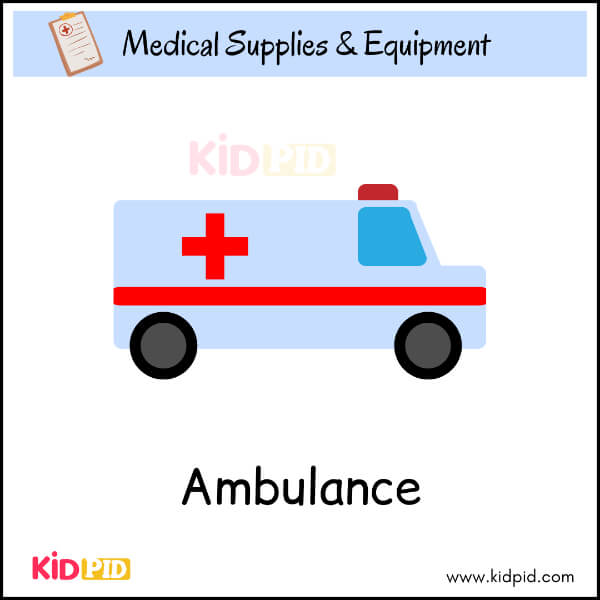 Cartoon ambulance illustration for kids learning medical equipment