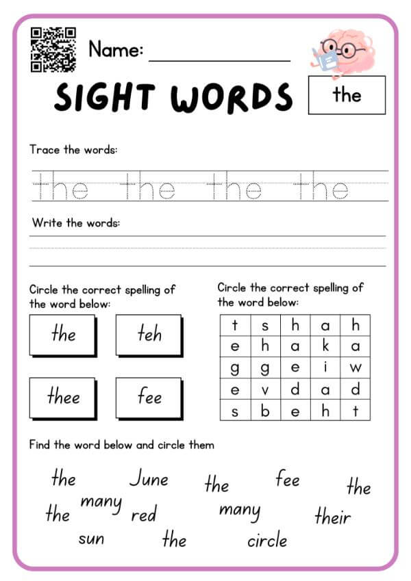 Recognizing sight words worksheets
