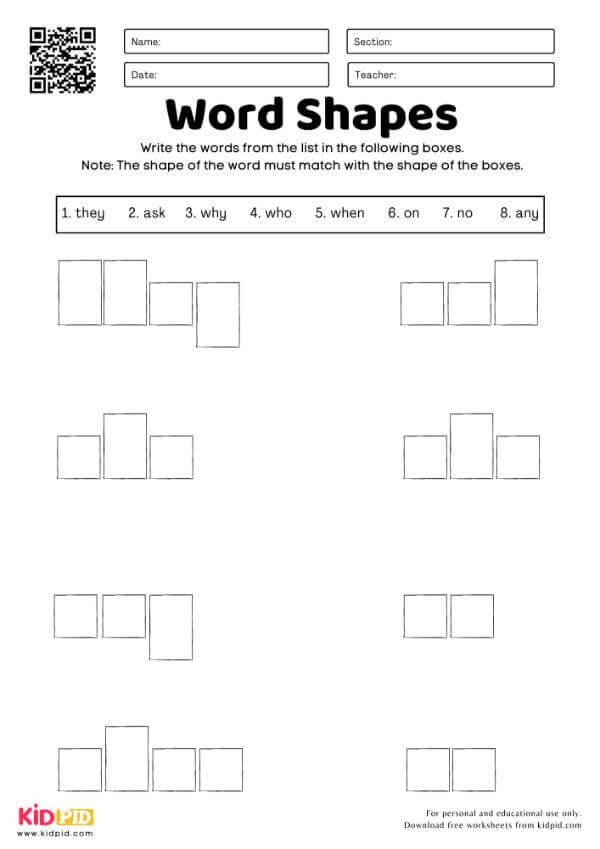 Sight words by shape