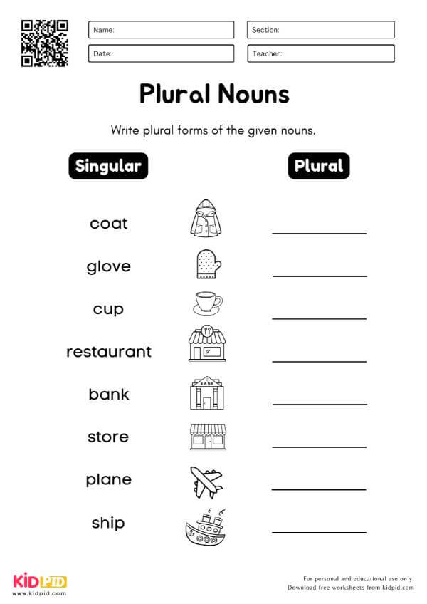 Singular to Plural Writing Worksheet