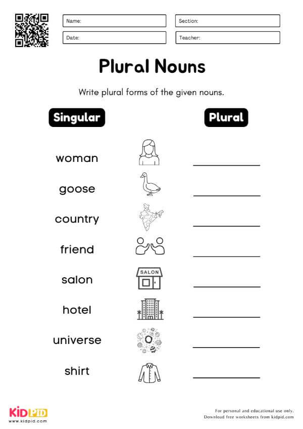 Singular to Plural Writing Worksheet