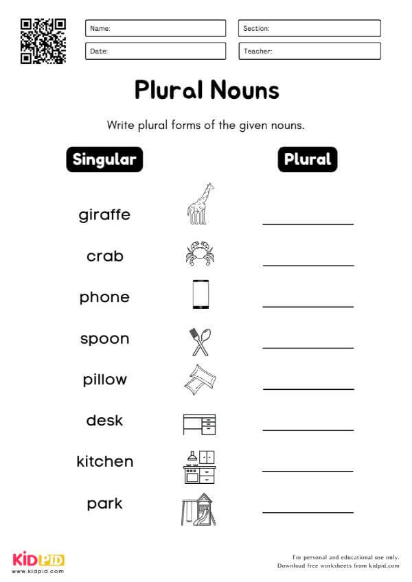 Singular to Plural Writing Worksheet