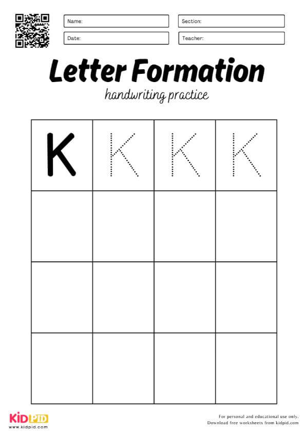Trace Letter K - Uppercase Alphabet Handwriting English Worksheets