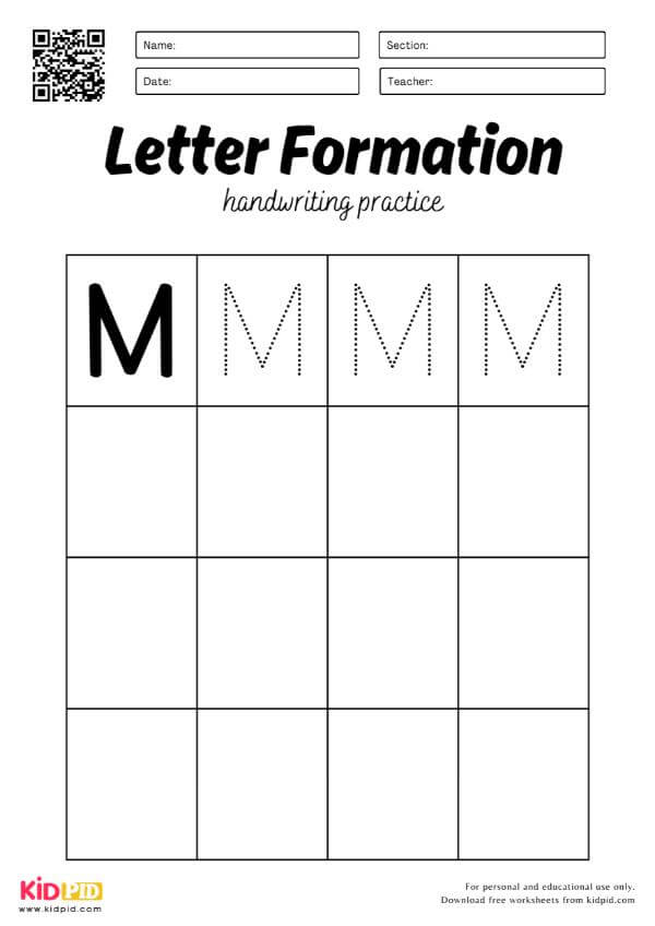 Trace Letter M - Uppercase Alphabet Handwriting English Worksheets