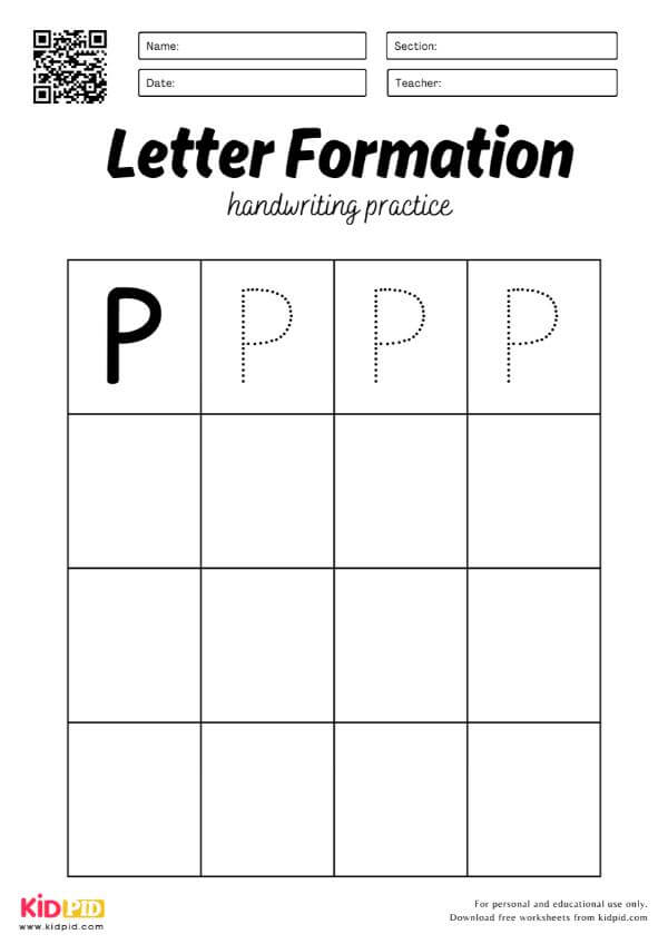 Trace Letter P  - Uppercase Alphabet Handwriting English Worksheets