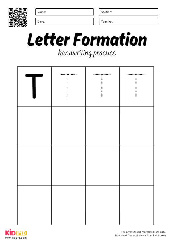 Trace Letter T - Uppercase Alphabet Handwriting English Worksheets
