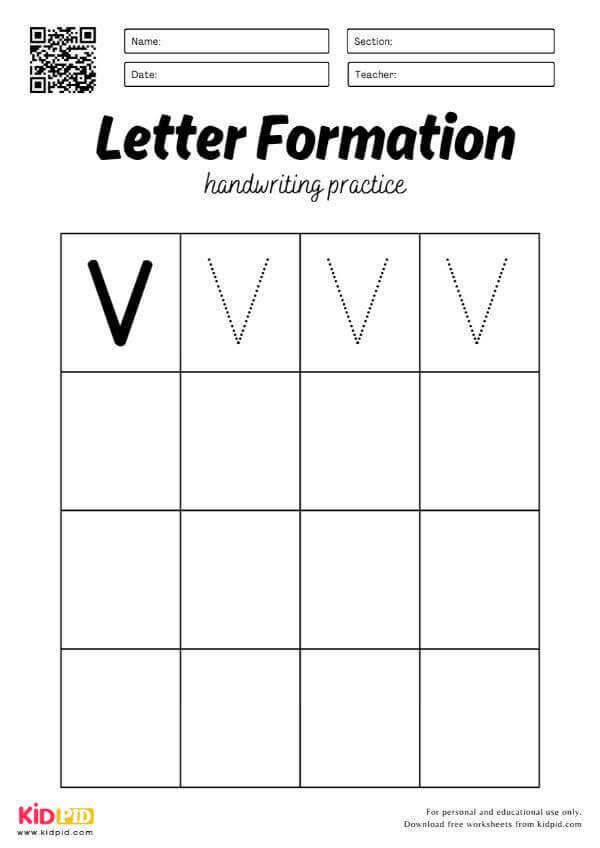Trace Letter V - Uppercase Alphabet Handwriting English Worksheets