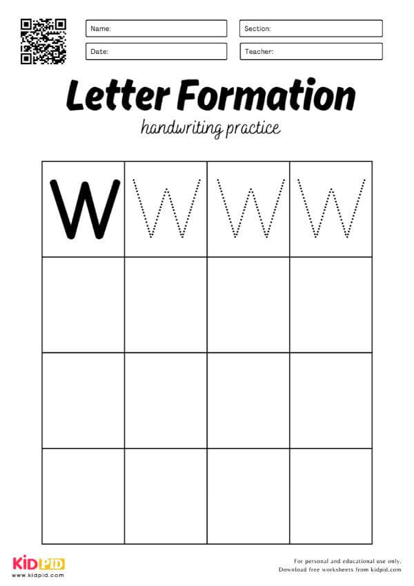 Trace Letter W - Uppercase Alphabet Handwriting English Worksheets