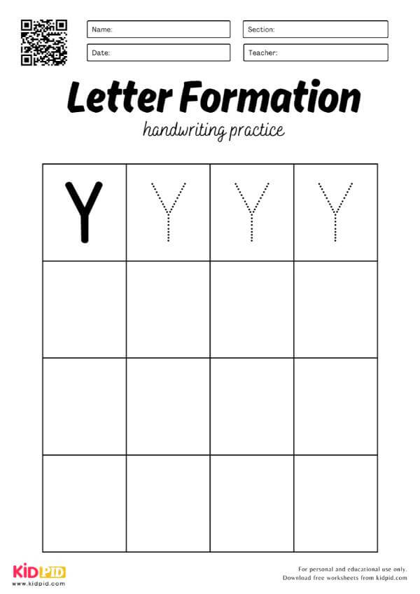 Trace Letter Y - Uppercase Alphabet Handwriting English Worksheets