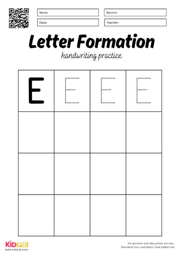 Trace Letter E  - Uppercase Alphabet Handwriting English Worksheets
