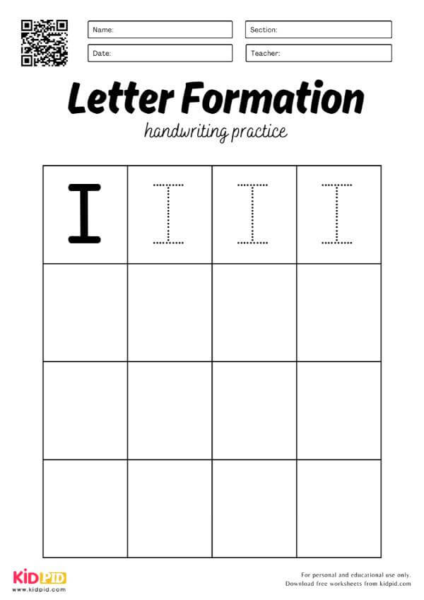 Trace Letter I  - Uppercase Alphabet Handwriting English Worksheets