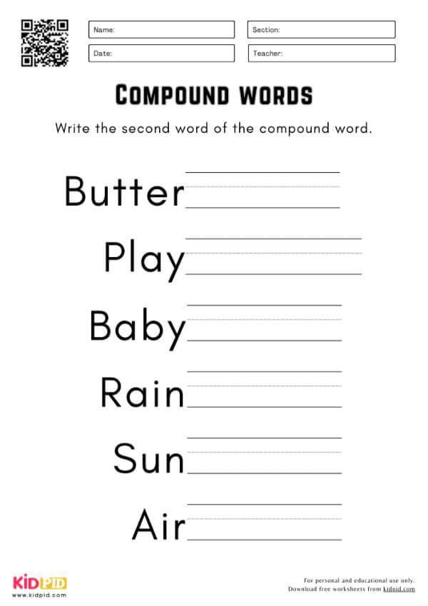 Write The 2nd Word Of The Compound Word Worksheet For Grade 1