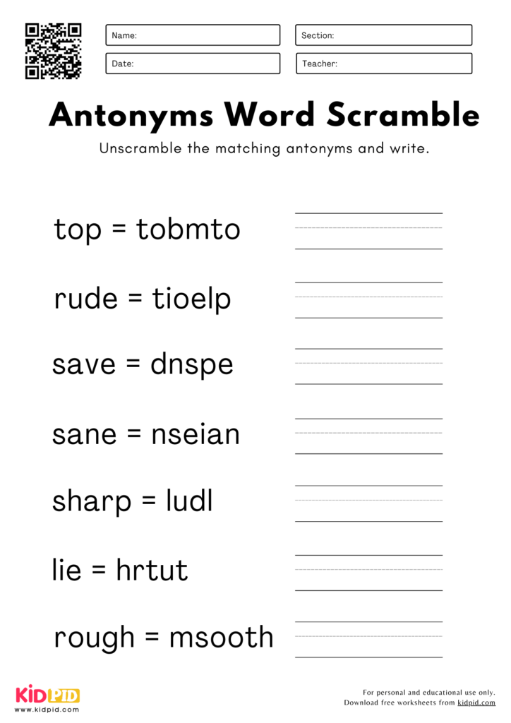 Antonyms Word Scramble Worksheets For Grade 2