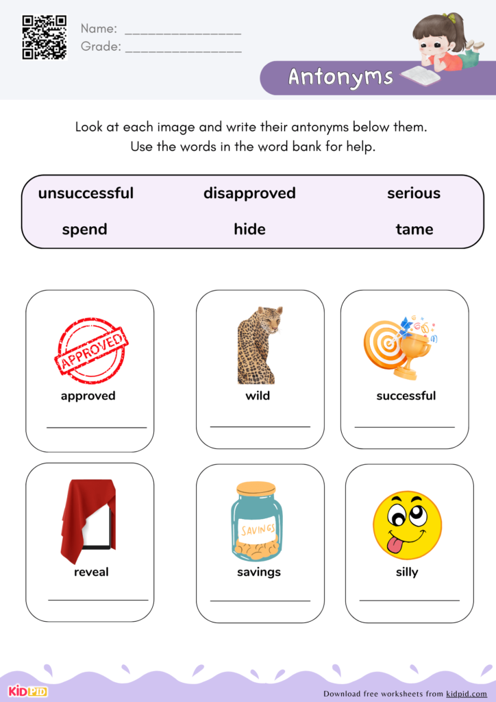 Antonyms Writing Worksheet for Grade 1