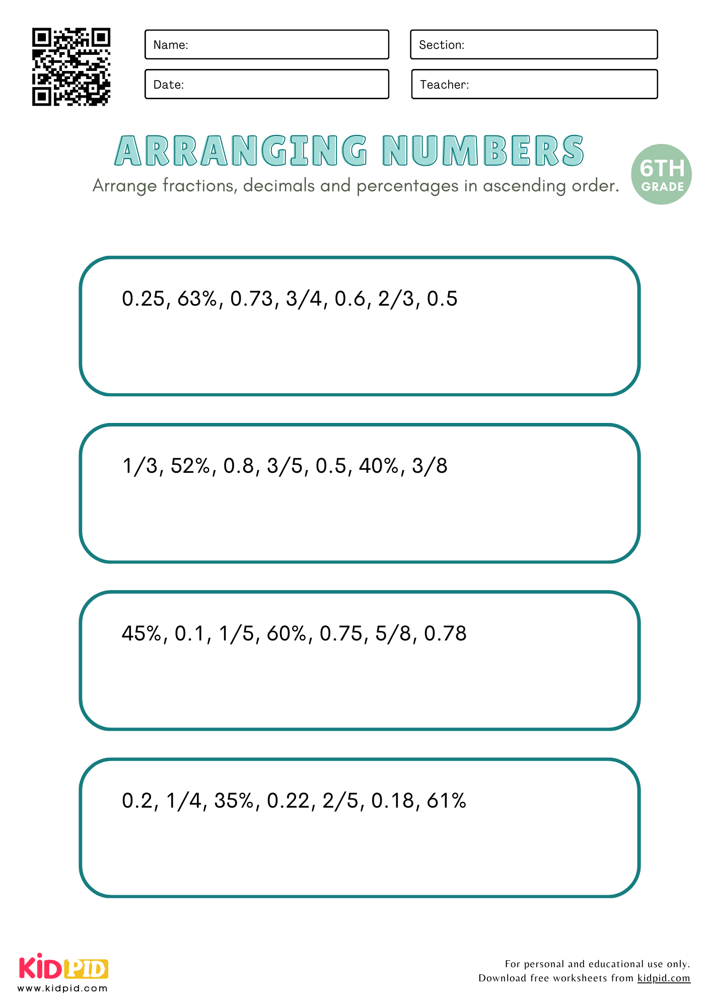 Arrange Fractions, Decimals and Percentages Worksheet for Grade 6