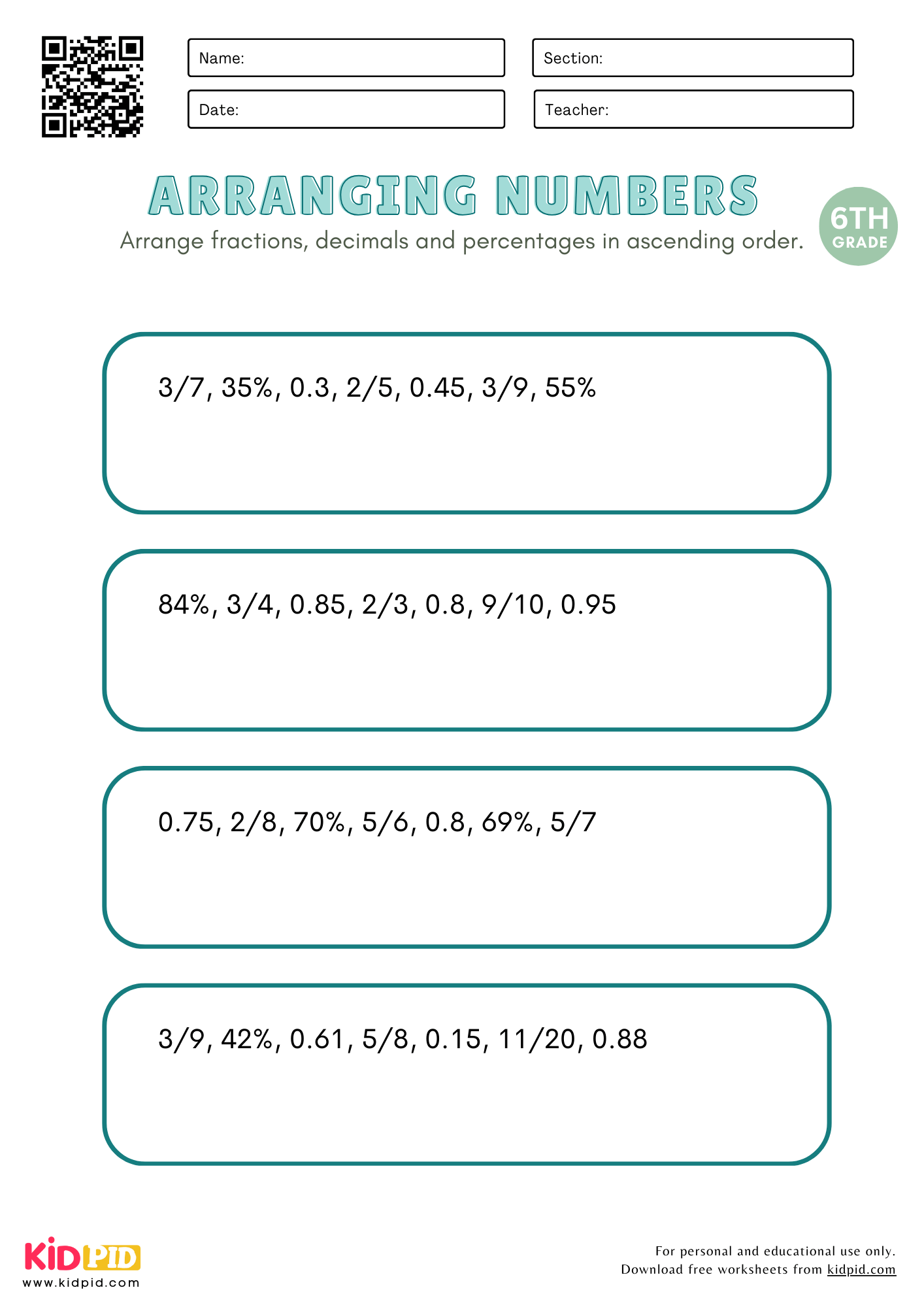 Arrange Fractions, Decimals and Percentages Worksheet for Grade 6