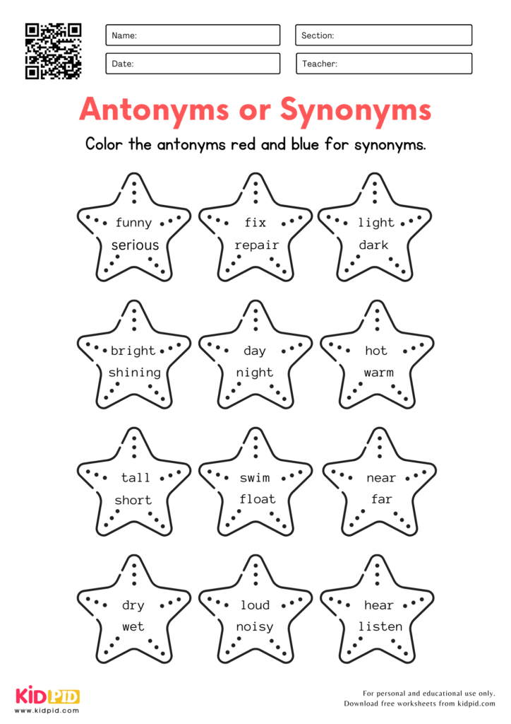 Color the Antonyms & Synonyms Worksheet For Kindergarten
