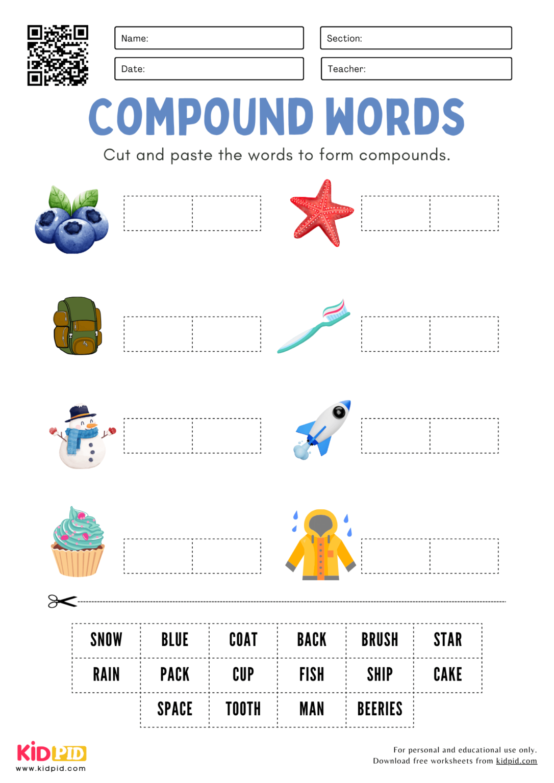 Cut & Paste Compound Words Worksheets For Grade 2 - Kidpid