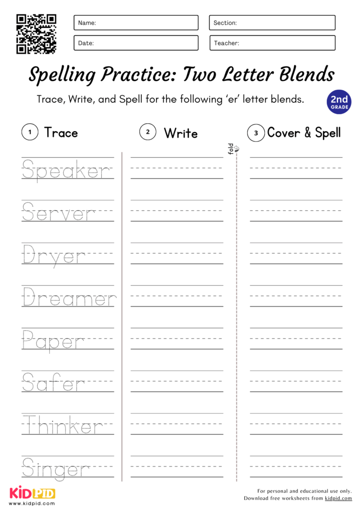 Easy Two Letter Blends Practice Worksheet for Grade 2
