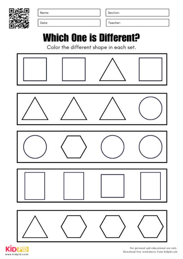 Find and Color The Different Shape in Each Set