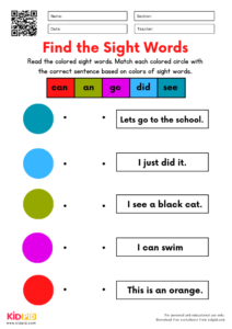 Find & Match The Sight Words Worksheet For Grade 1 - Kidpid