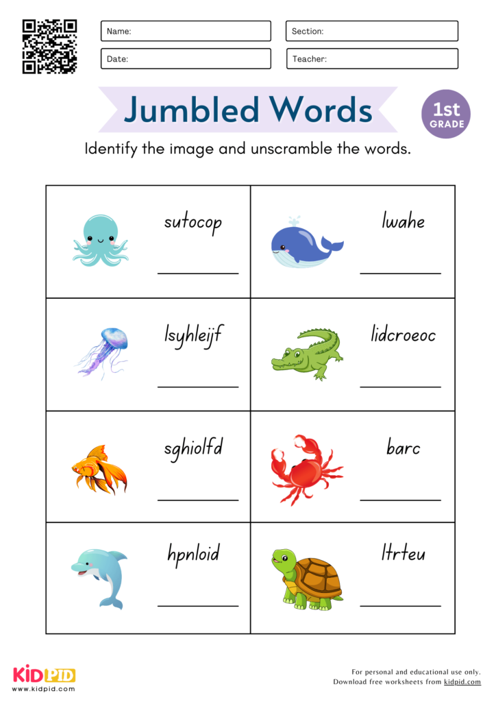 Jumbled Animals Words Worksheet for Grade 1