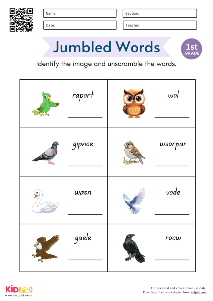 Jumbled Birds Words Worksheet for Grade 1