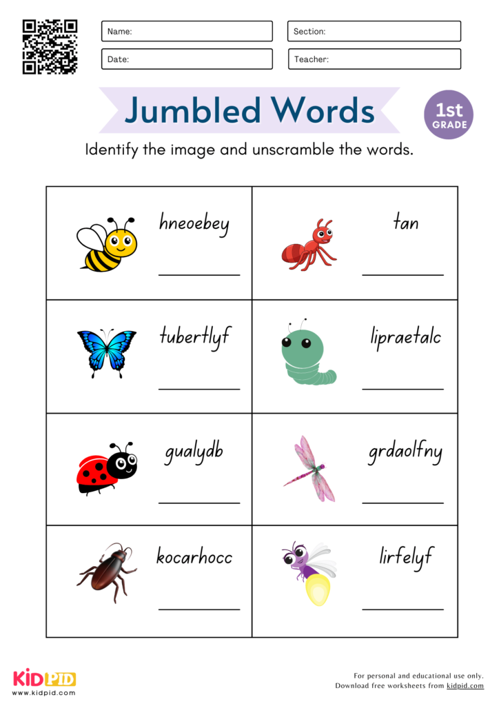 Jumbled Insects Words Worksheet for Grade 1