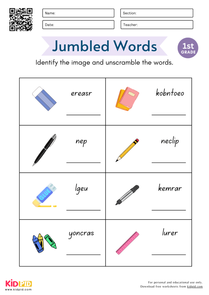 Jumbled Stationary Words Worksheet for Grade 1