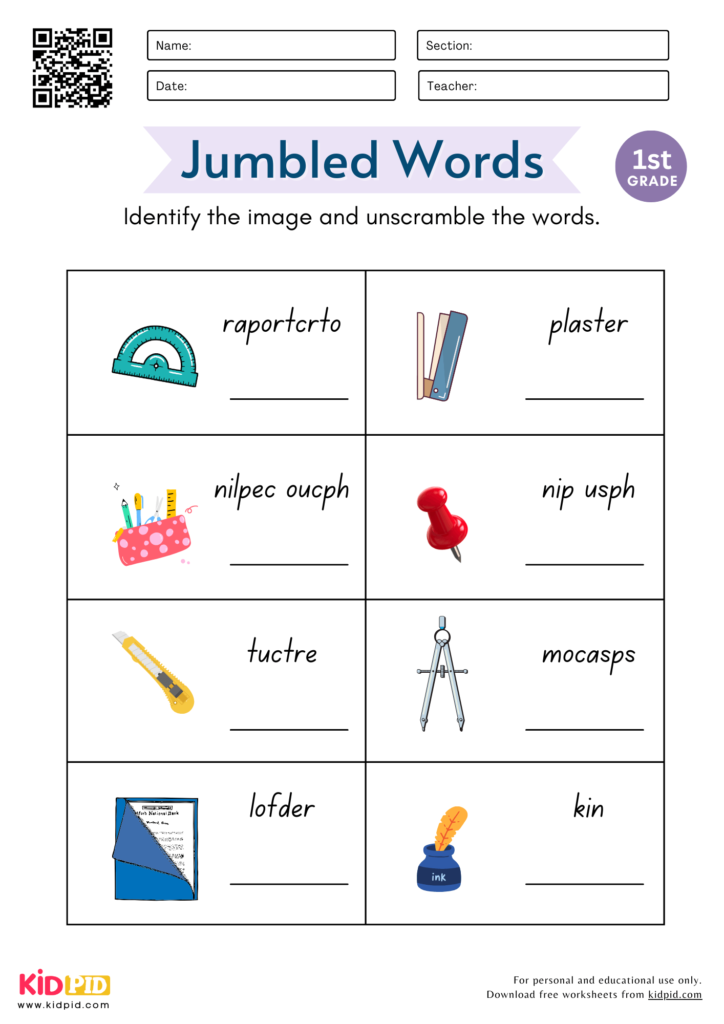 Jumbled Stationary Words Worksheet for Grade 1