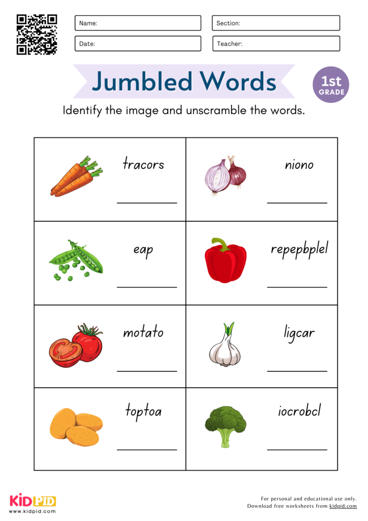 Jumbled Vegetables Words Worksheet for Grade 1