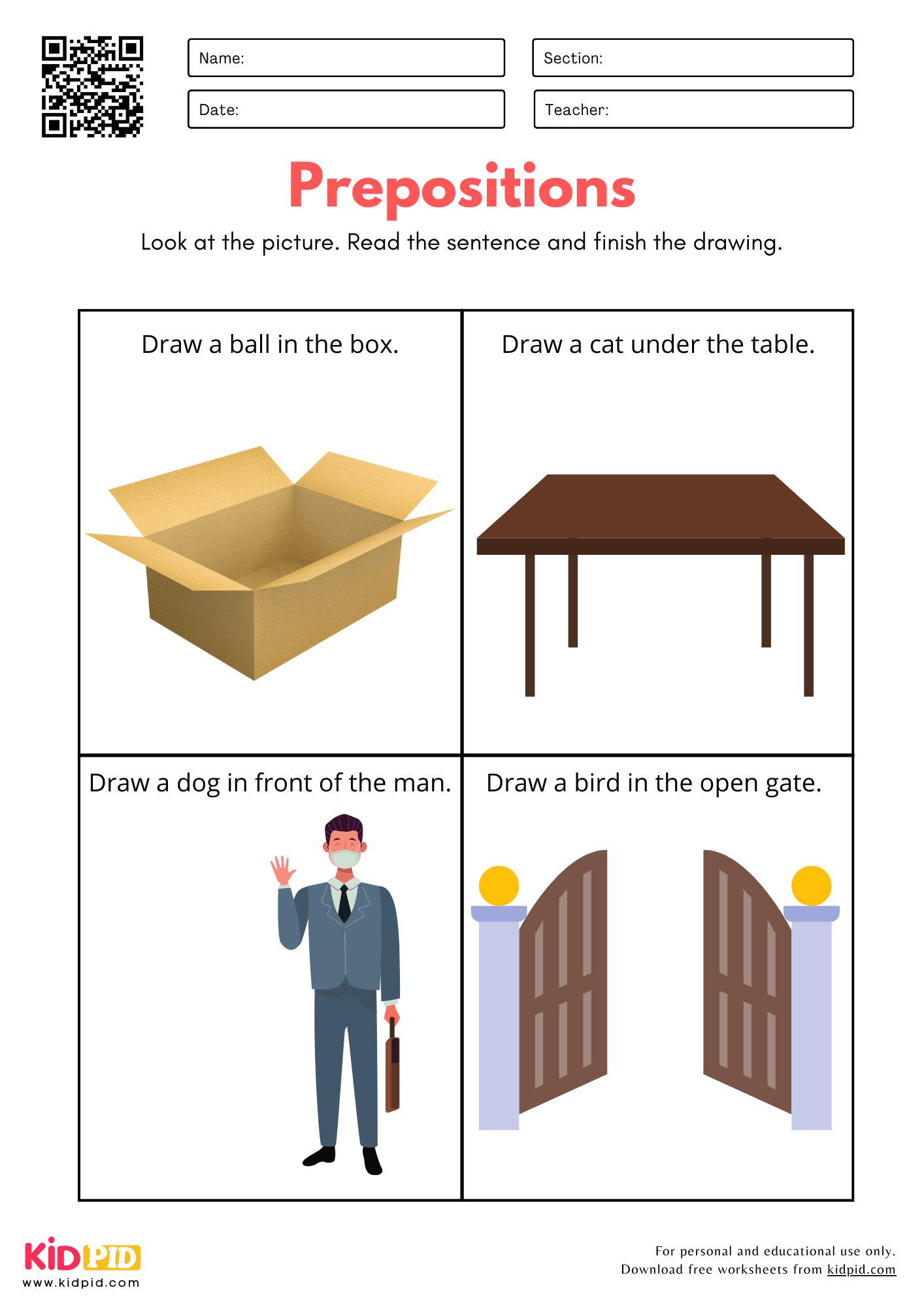 Location Prepositions Practice Worksheet for Kindergarten