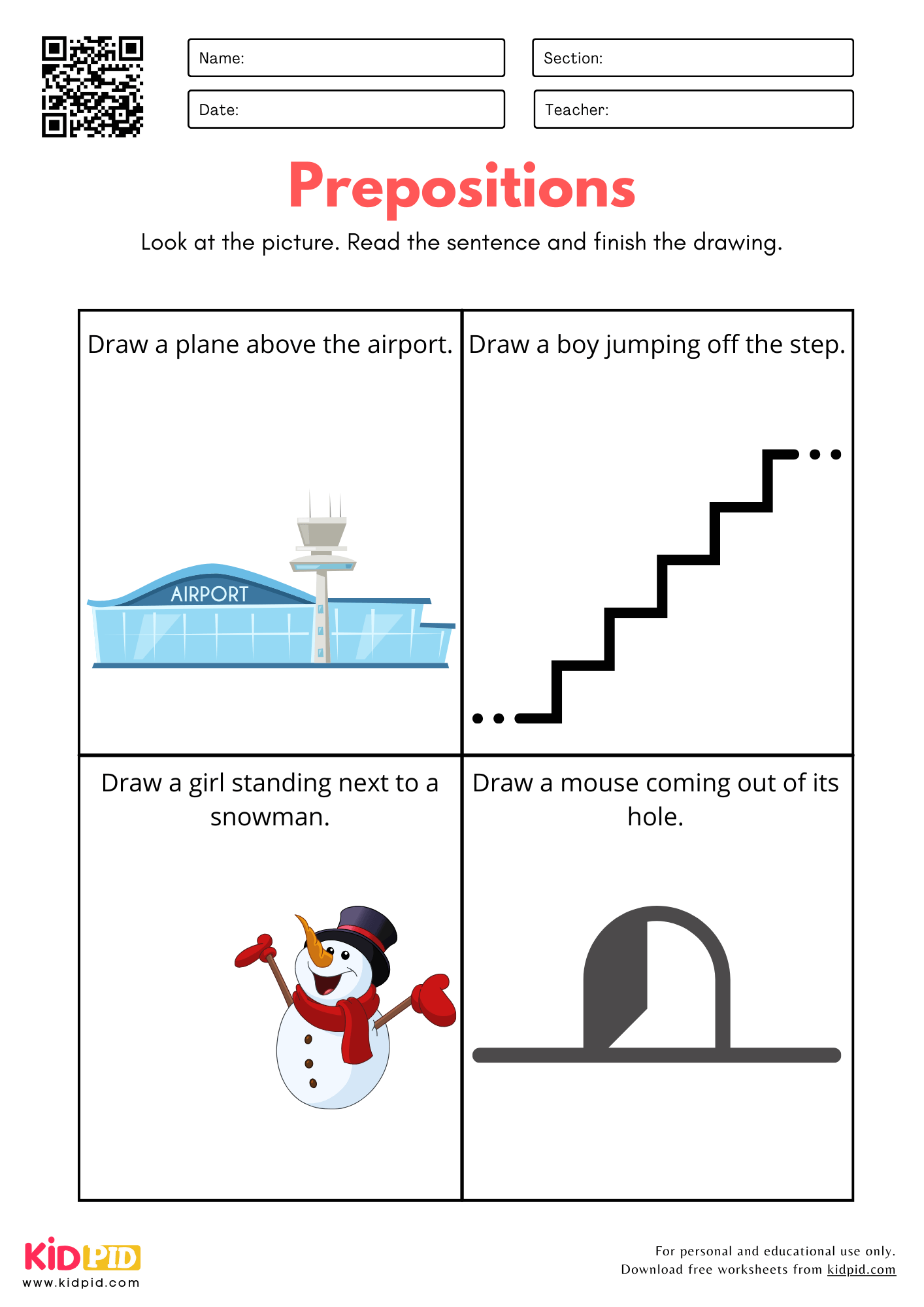 Location Prepositions Practice Worksheet for Kindergarten